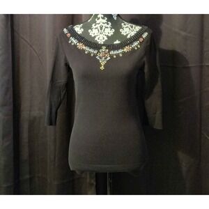 WHITE HOUSE BLACK MARKET Embellished Black Sweater 3/4 Sleeve Size S‎